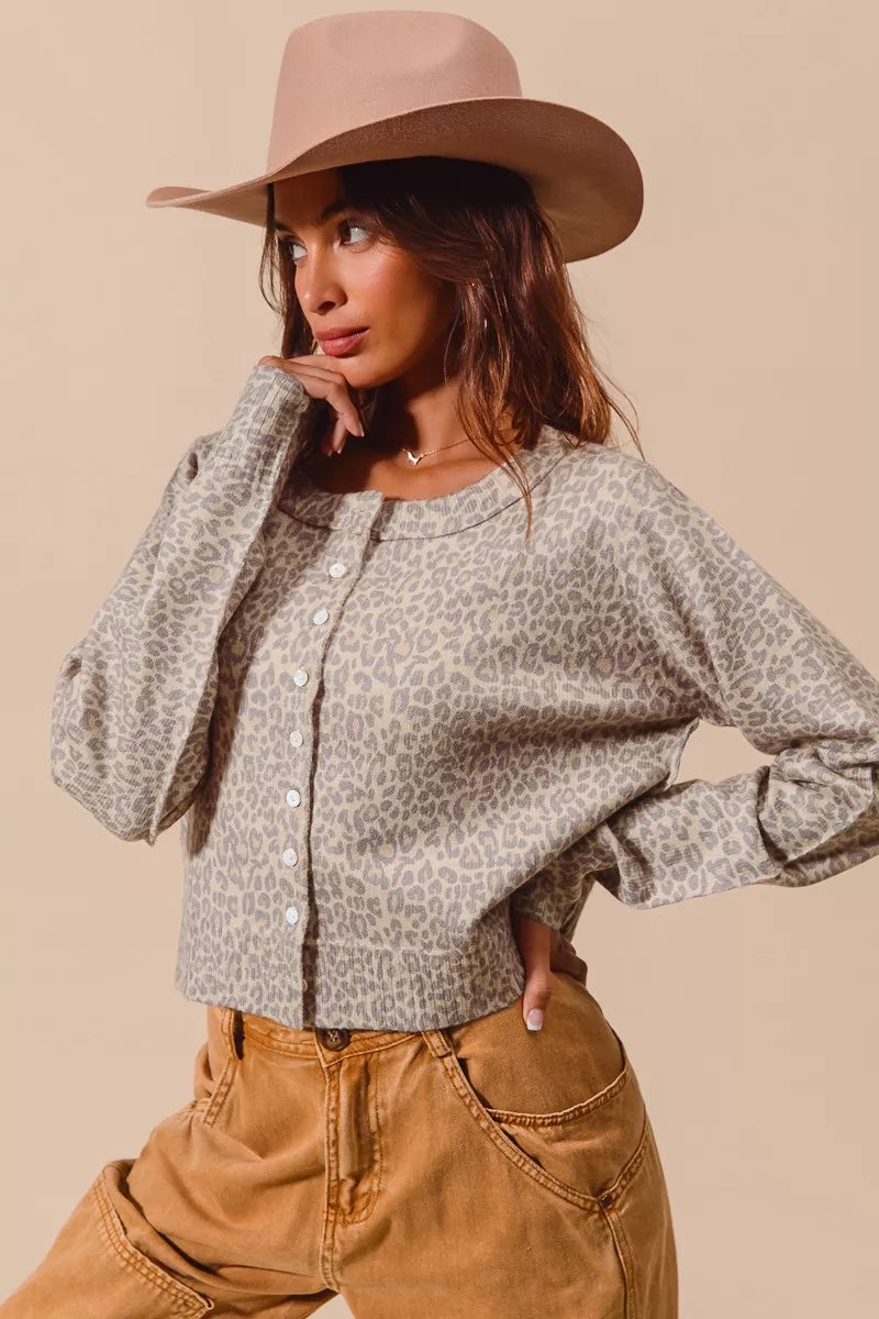 Two Tone Leopard Vintage Print Button Up Cardigan