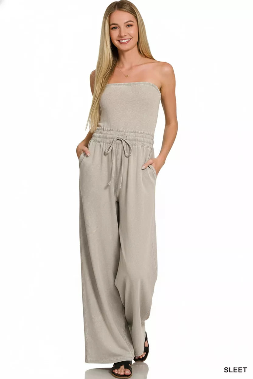 Acid Washed Strapless Tube Top Jumpsuit
