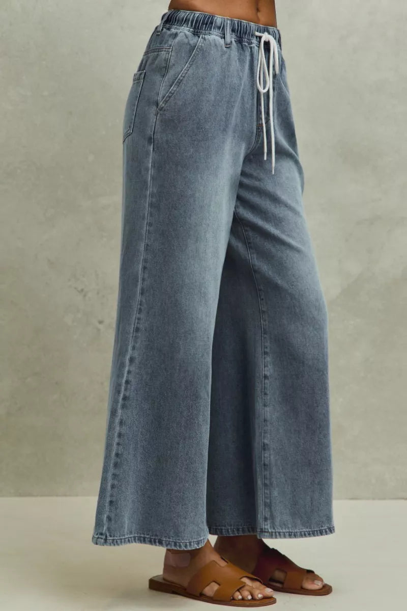 Mid Rise Elastic Waist Flare Denim Jeans