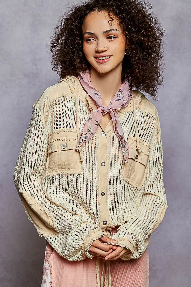 Texture Woven Button Down Hooded Shirt with Drawstring Hem