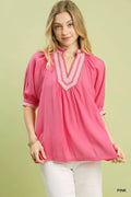 Solid Contrast Trim Pleated Top