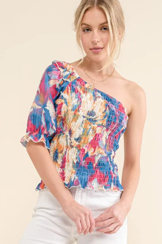 Allover Floral Print Smocked One Shoulder Blouse