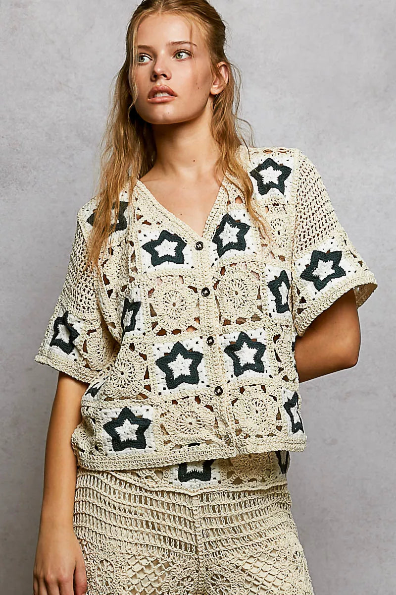 Button Front V-Neck Crochet Cardigan with Contast Star