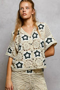 Button Front V-Neck Crochet Cardigan with Contast Star
