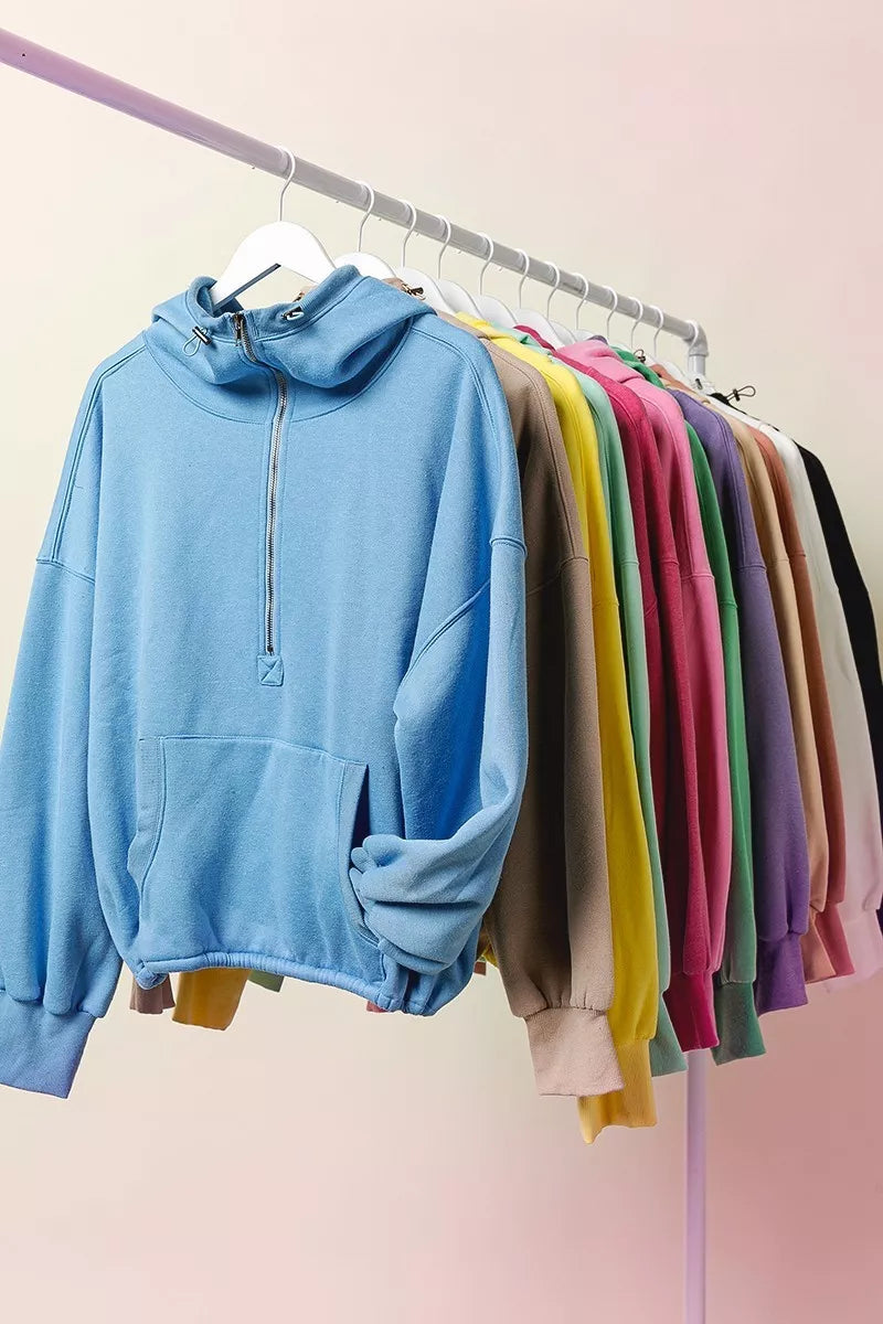 BiBi Stitch Detailed Elastic Hem Half Zip Fleece Hoodie See size chart under “more details”