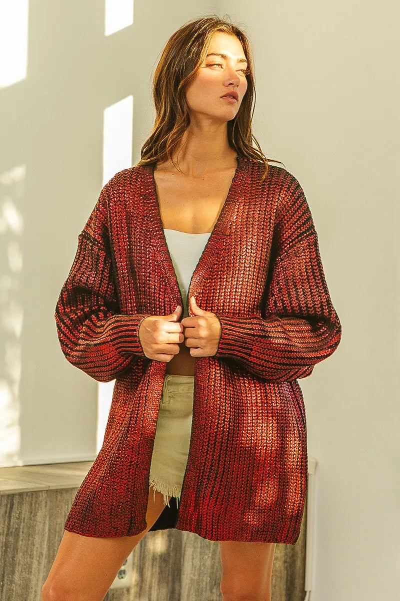 Metallic Knit V-neck Open Sweater Cardigan