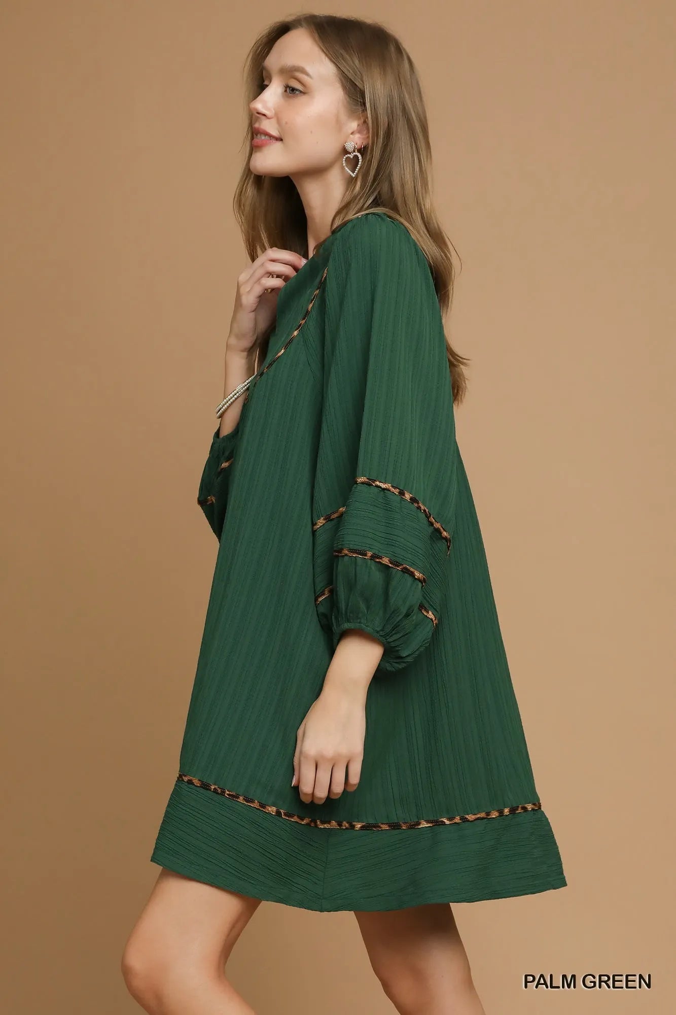 Textured Babydoll Dress with Leopard Trim