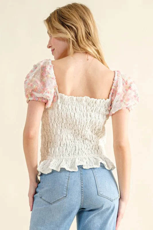 Embellishment Sleeve Smocked Top