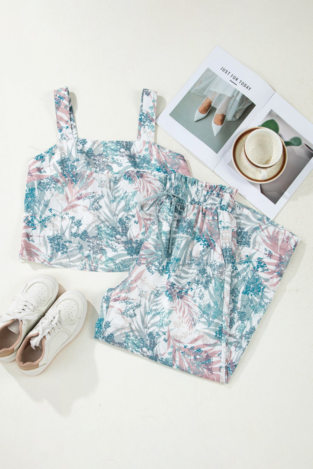 Green Tropical Palm Printed Cropped Tank Drawstring Wide Leg Pant Set
