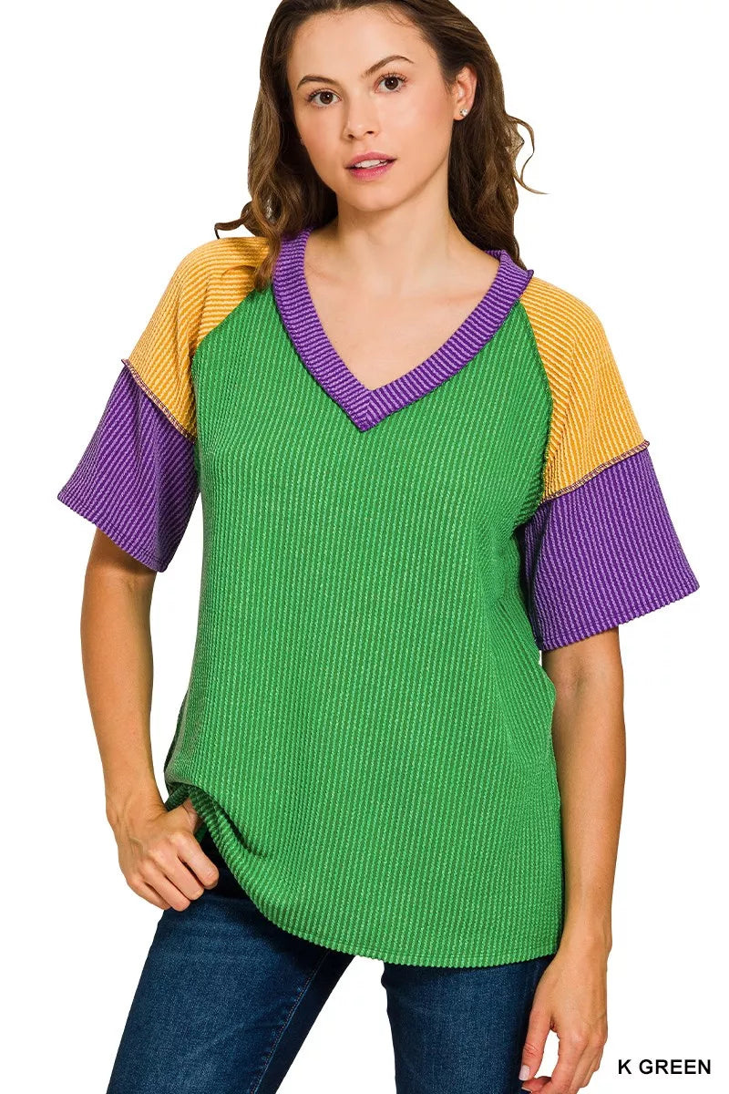 Mardi Gras Raised Rib Color Block Top