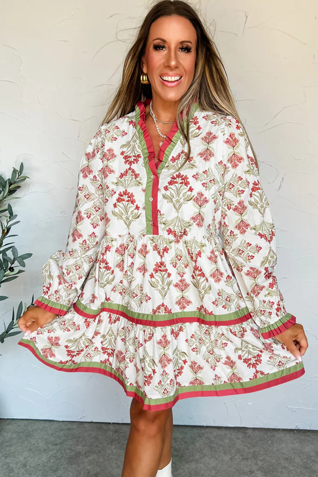 Pink Floral Print Contrast Trim Frilled Neck Long Sleeve Flared Dress
