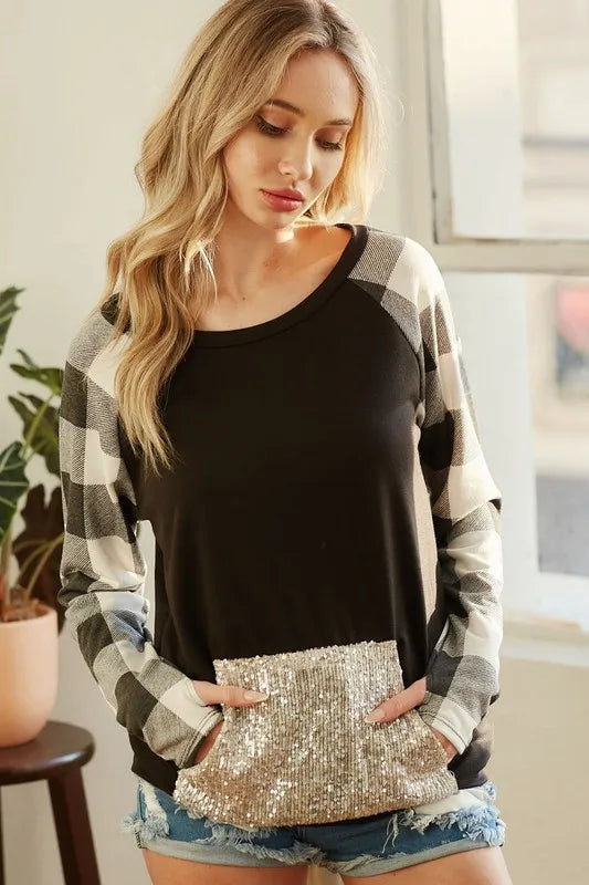 French Terry Top with Sequins Kangaroo Pocket