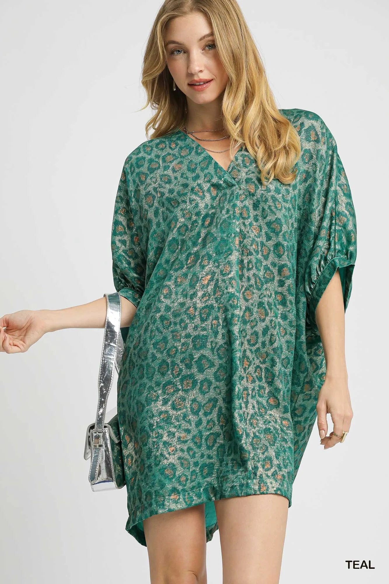 Metallic Leopard Print V-Neck Kimono Dress