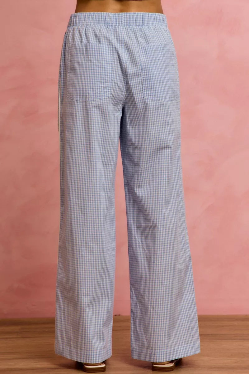 Wide Check Pants With Side Lace Trim And Piping
