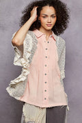 Button Down Front Pleated Shirt with Crochet Patch