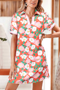 Fresh Salmon Floral Print Contrast Striped Trim Collar T Shirt Dress