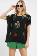 Linen Blend Embroidered Frayed Hem Top