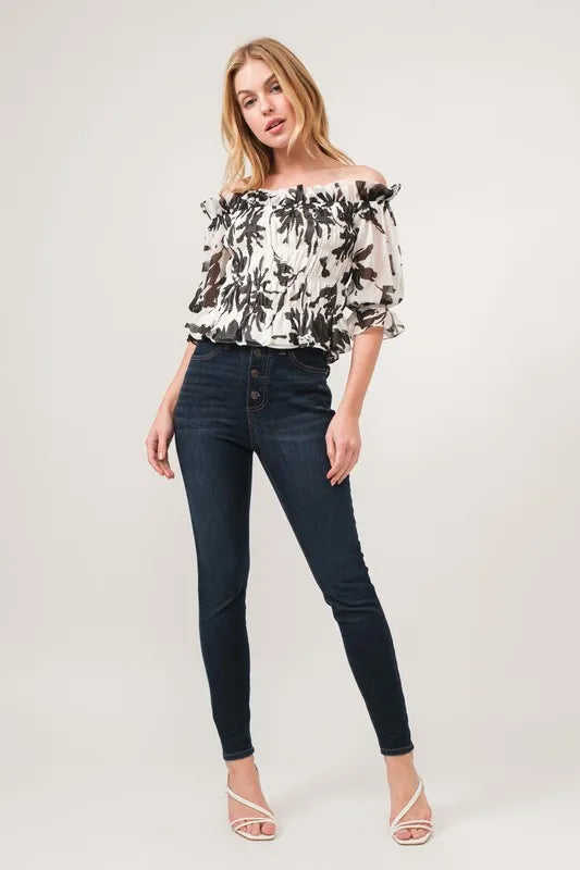 Smocked Off-Shoulder Floral Printed Top
