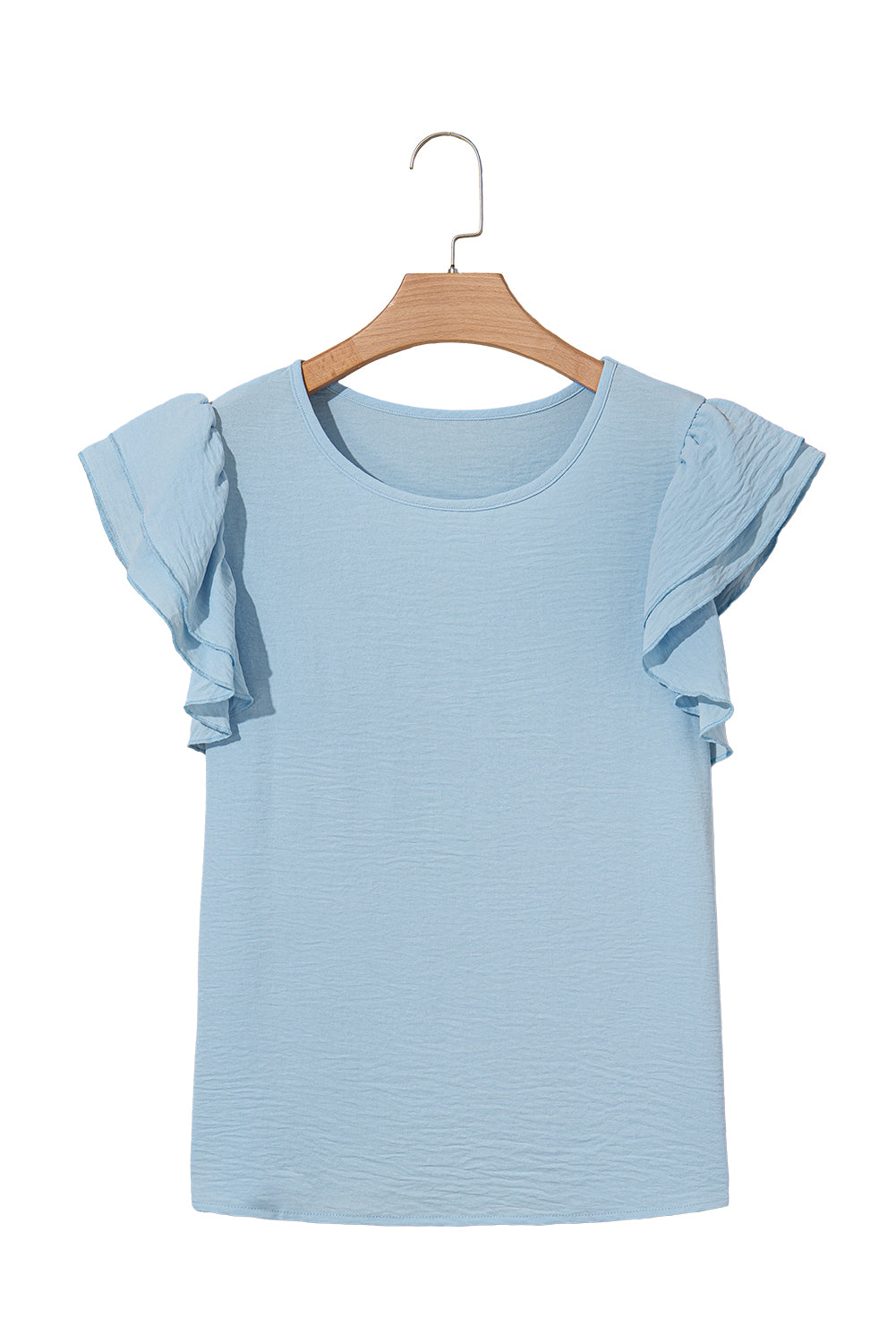 Mist Blue Solid Color Ruffle Sleeve Crinkled Blouse
