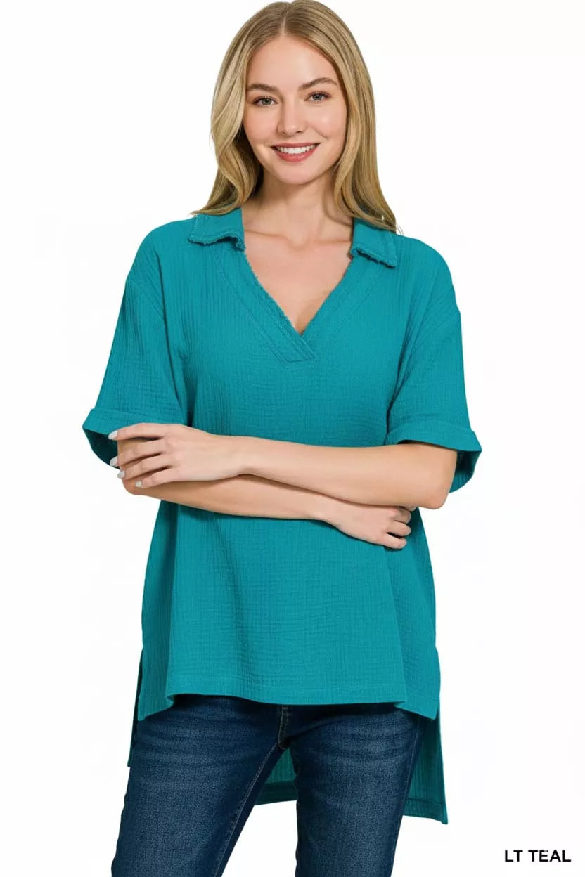 Double Gauze Short Sleeve High-Low Top