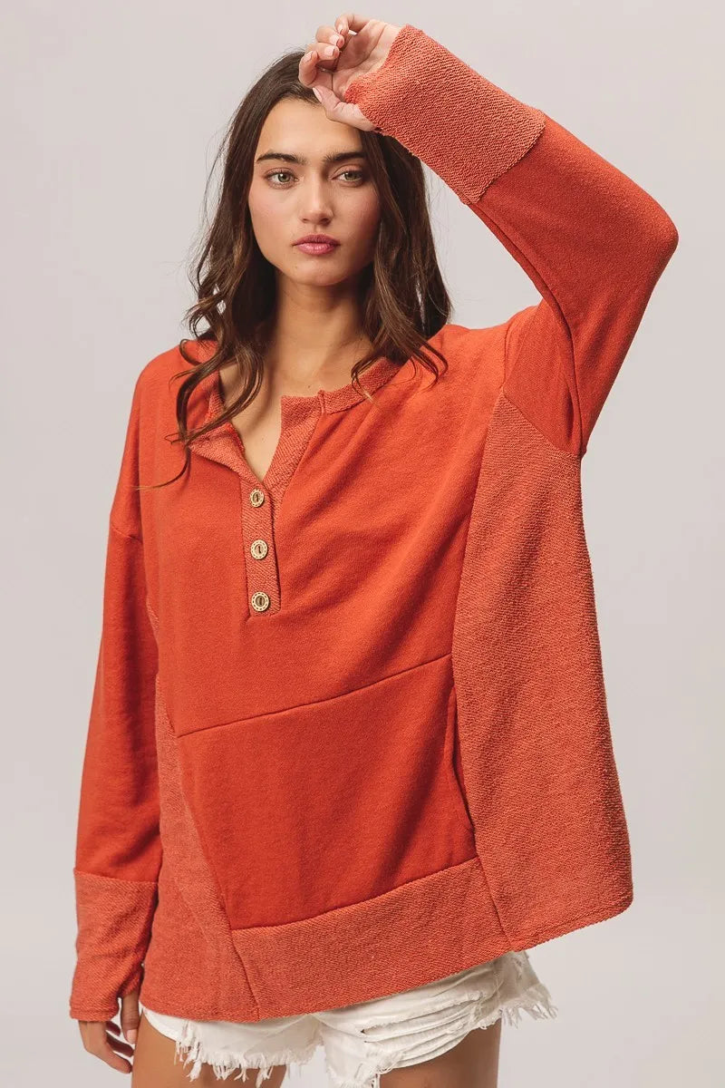 French Terry Knit Side Block Buttoned Henley Top