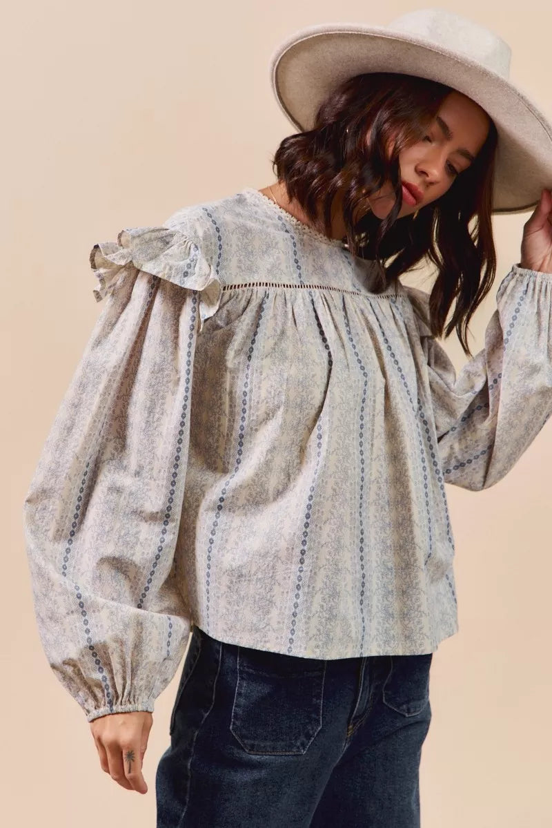 Floral Cotton Print Ruffled Long Sleeve Blouse