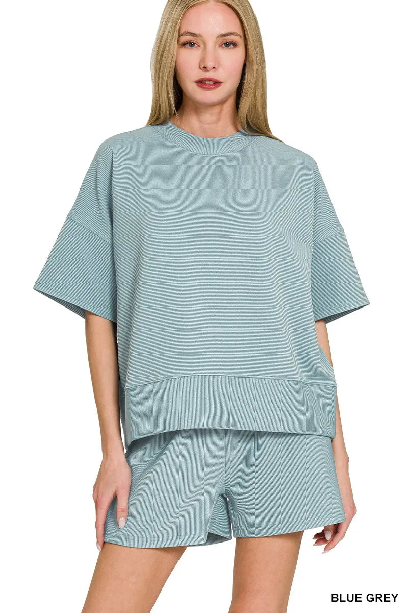 Ribbed Round Neck Waist Banded Tee & Shorts Set