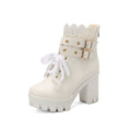 Lace Ankle Boots Lace-up Square Heeled Shoes Women White Black Boots