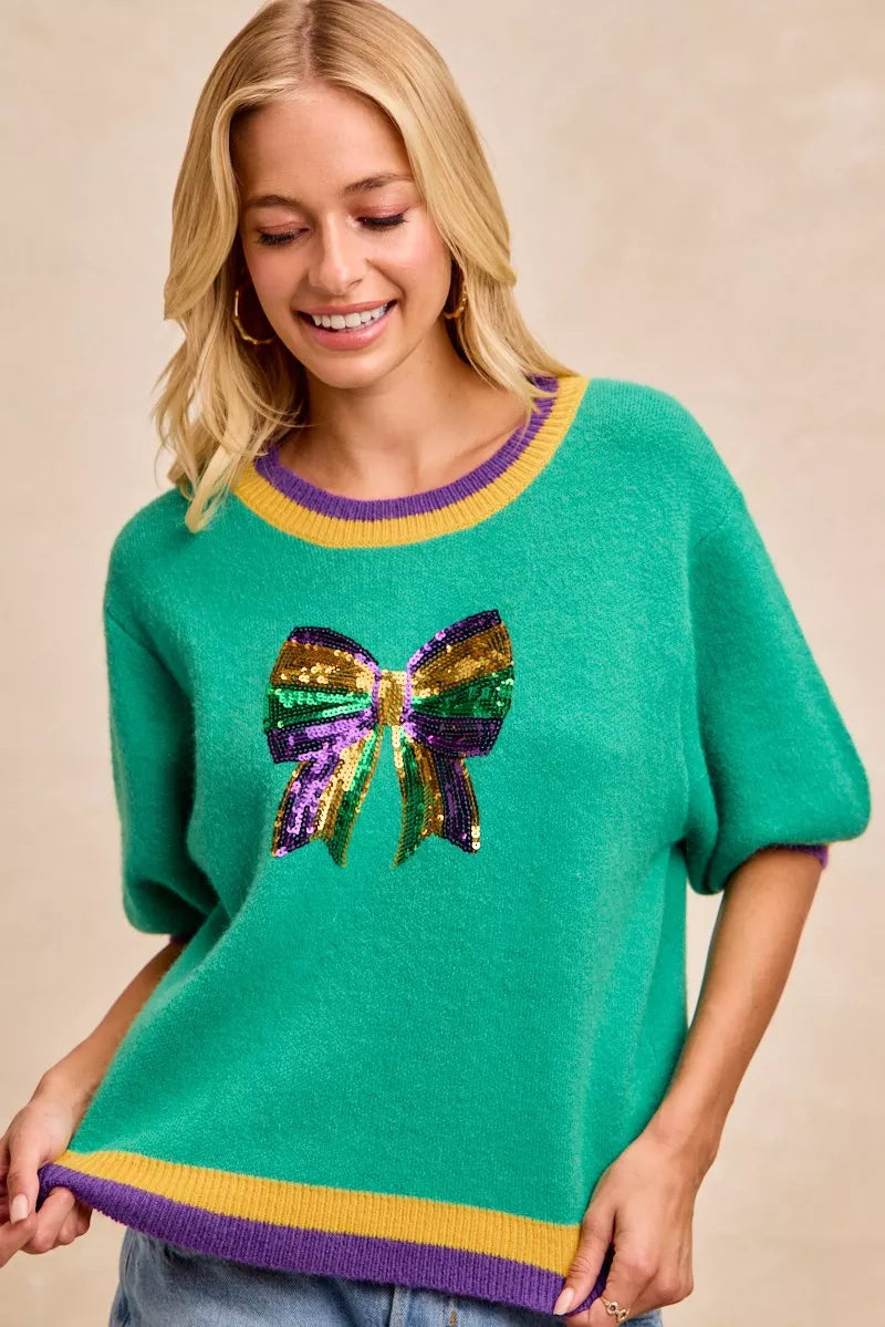 Mardi Gras Sequin Ribbon Patched Sweater