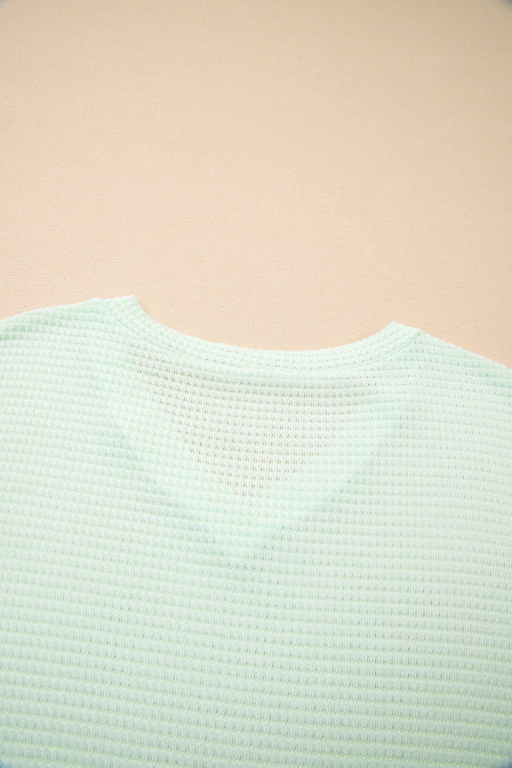 Clearly Aqua Waffle V Neck Short Sleeve Knit Top