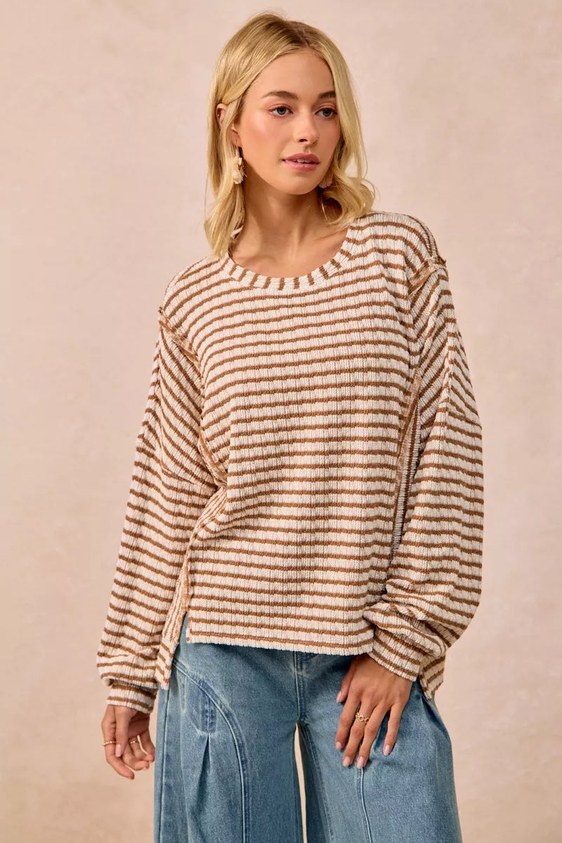 Open Seam Detail Textured Stripe Knit Top