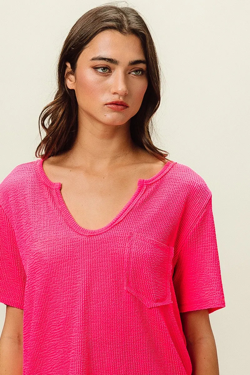 Waved Rib U Neck Top With Front Pocket