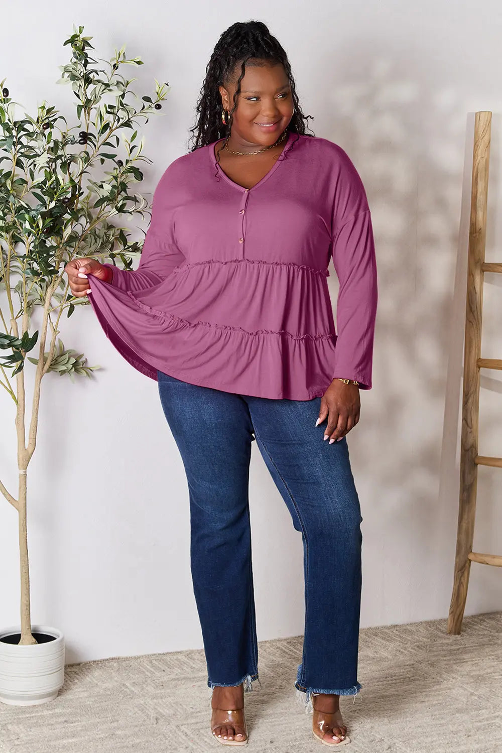 I am a Fashion Junky Take Half Button Long Sleeve Ruffle Hem Blouse