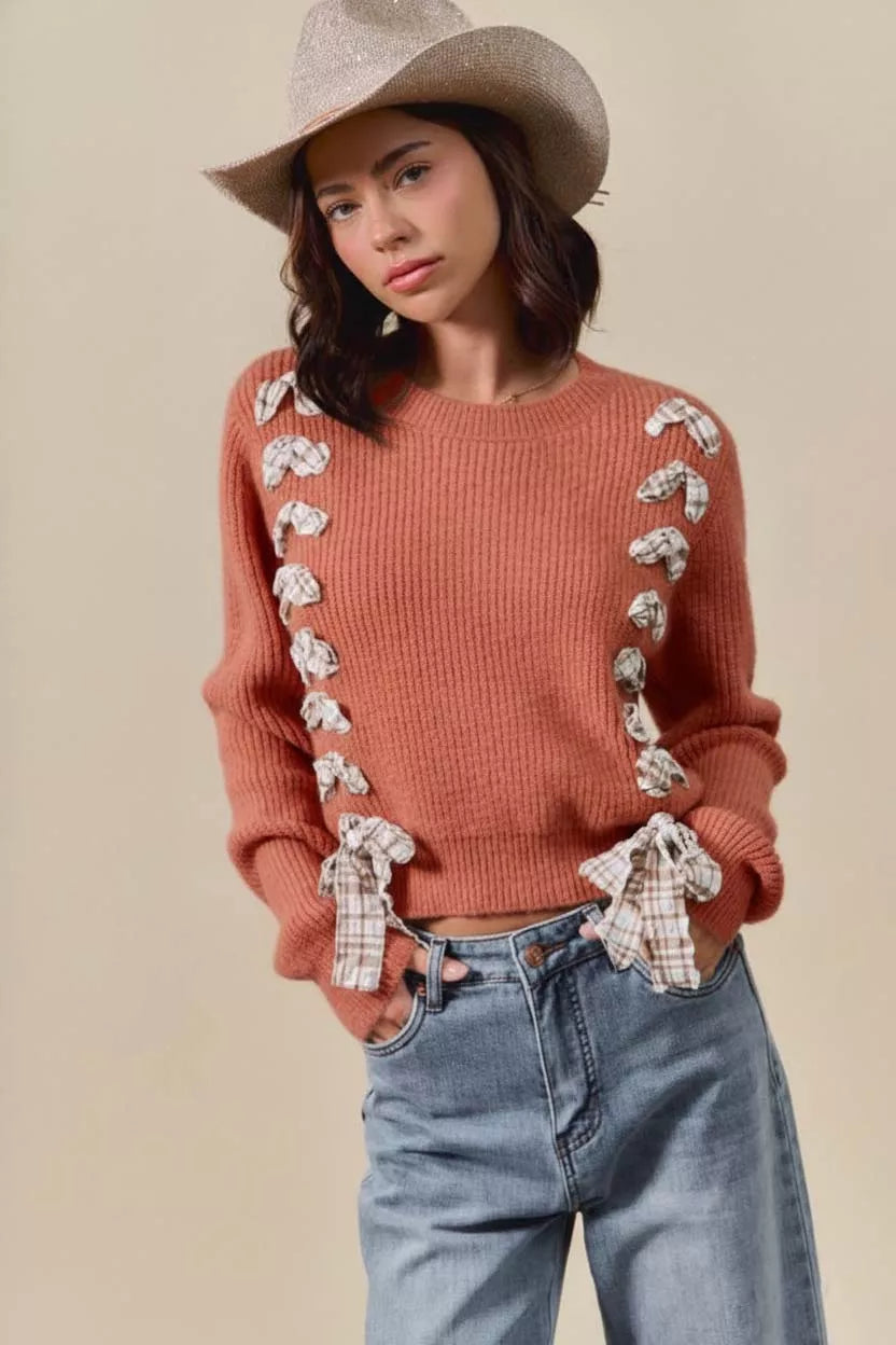 Checkered Plaid Tape Lace Up Ribbed Sweater