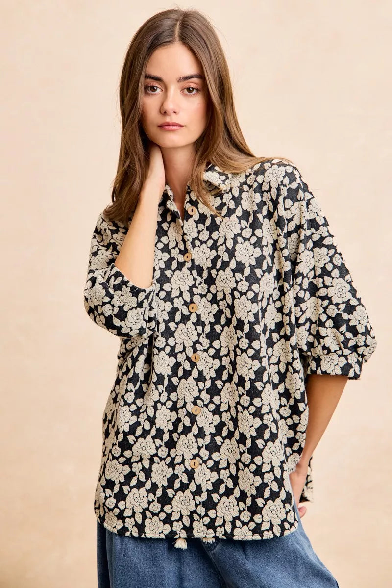 Floral Jacquard Short Dolman Sleeves Shirt
