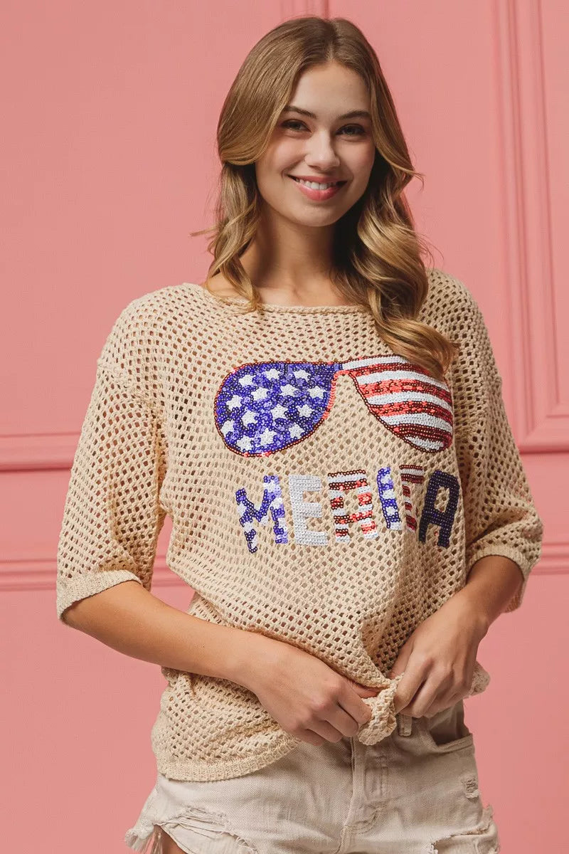 Sequin American Flag Sunglasses Knit Cover Up