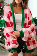 Pink Plaid Knit Bow Knot Decor Open Front Sweater Cardigan