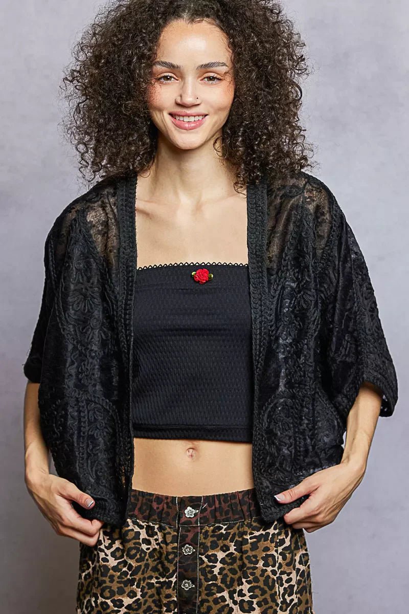 Open Front Crochet Cardigan with Floral Embroidery