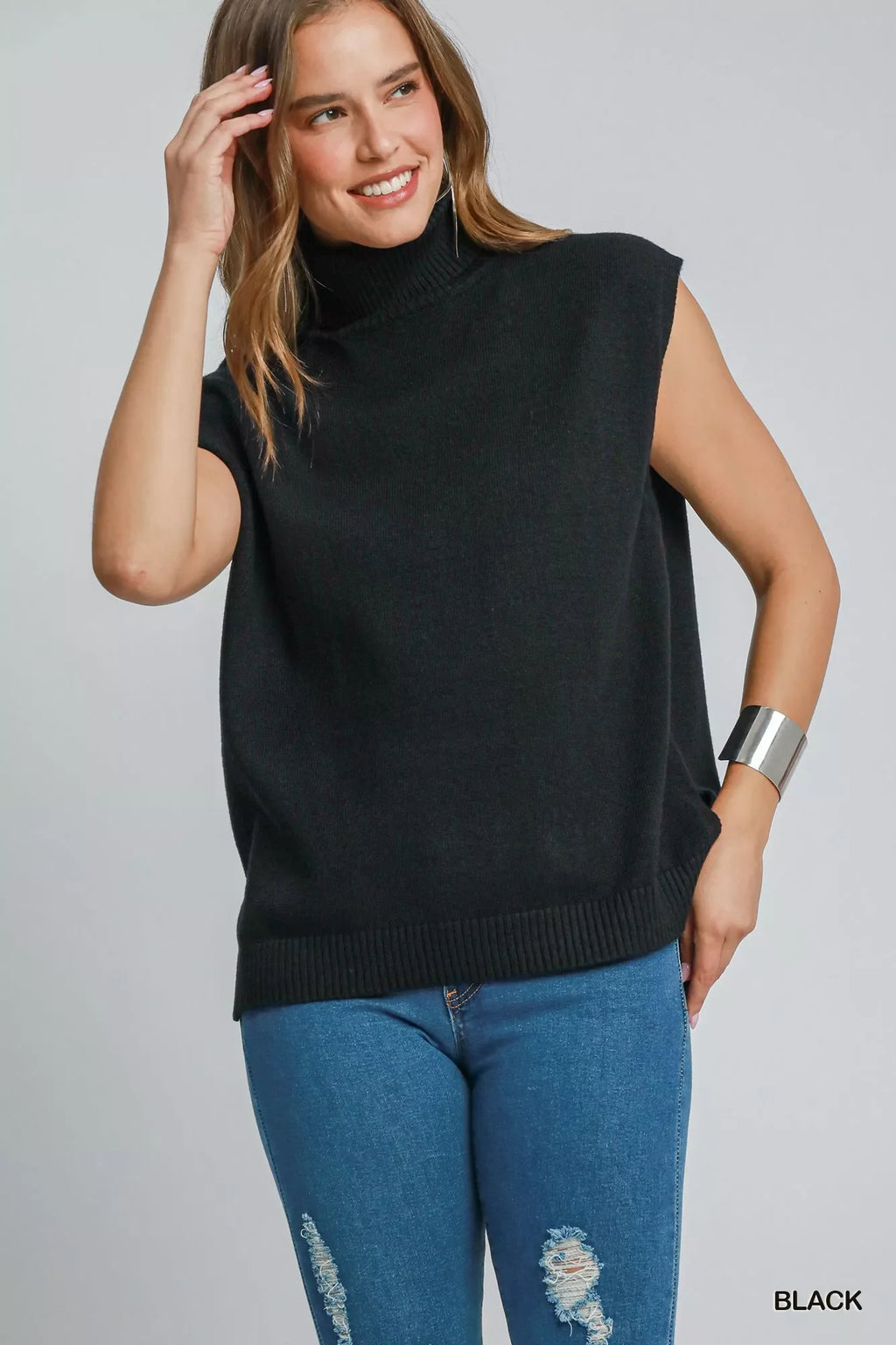 High-Low Turtleneck Sleeveless Sweater Top