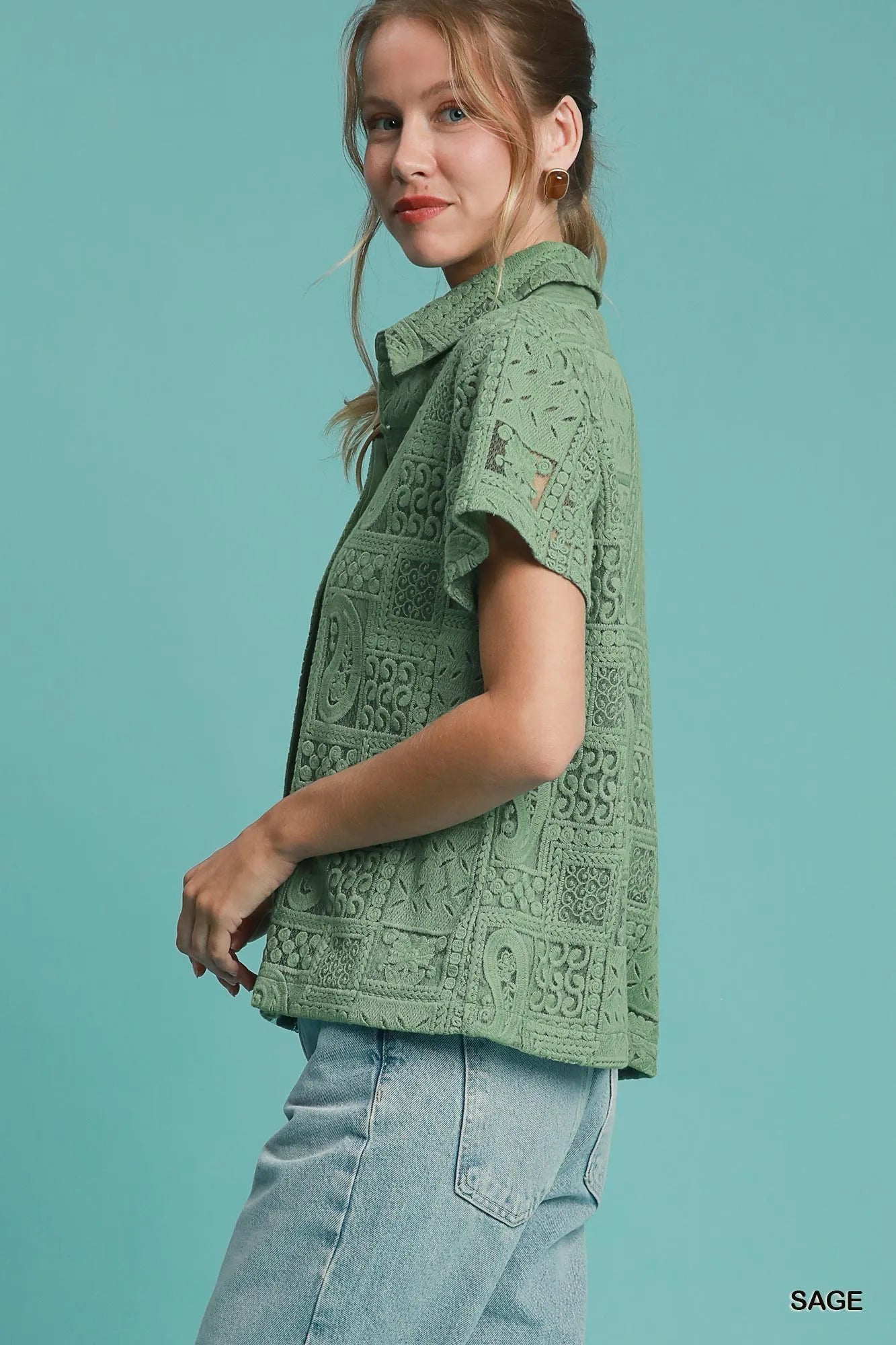 Patch Lace Short Sleeve Button Down Shirt
