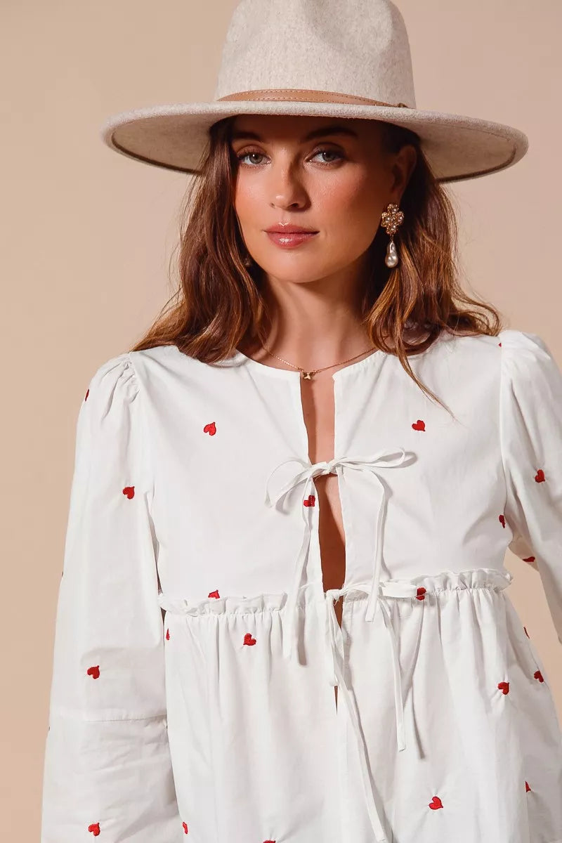 Front Tie Heart Embroidered Blouse With Puff Sleeve