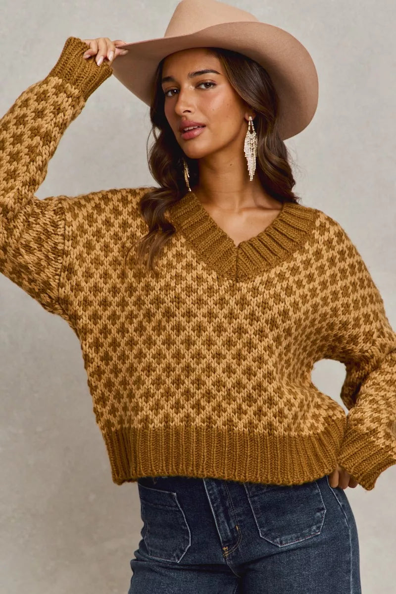 Color Block Textured Christmas Sweater V Neck Top