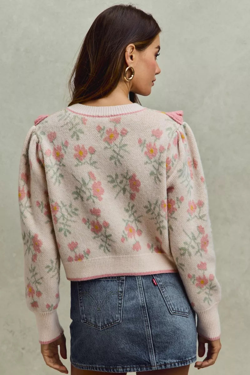 Flower With Ruffle Detailing Sweater Cardigan