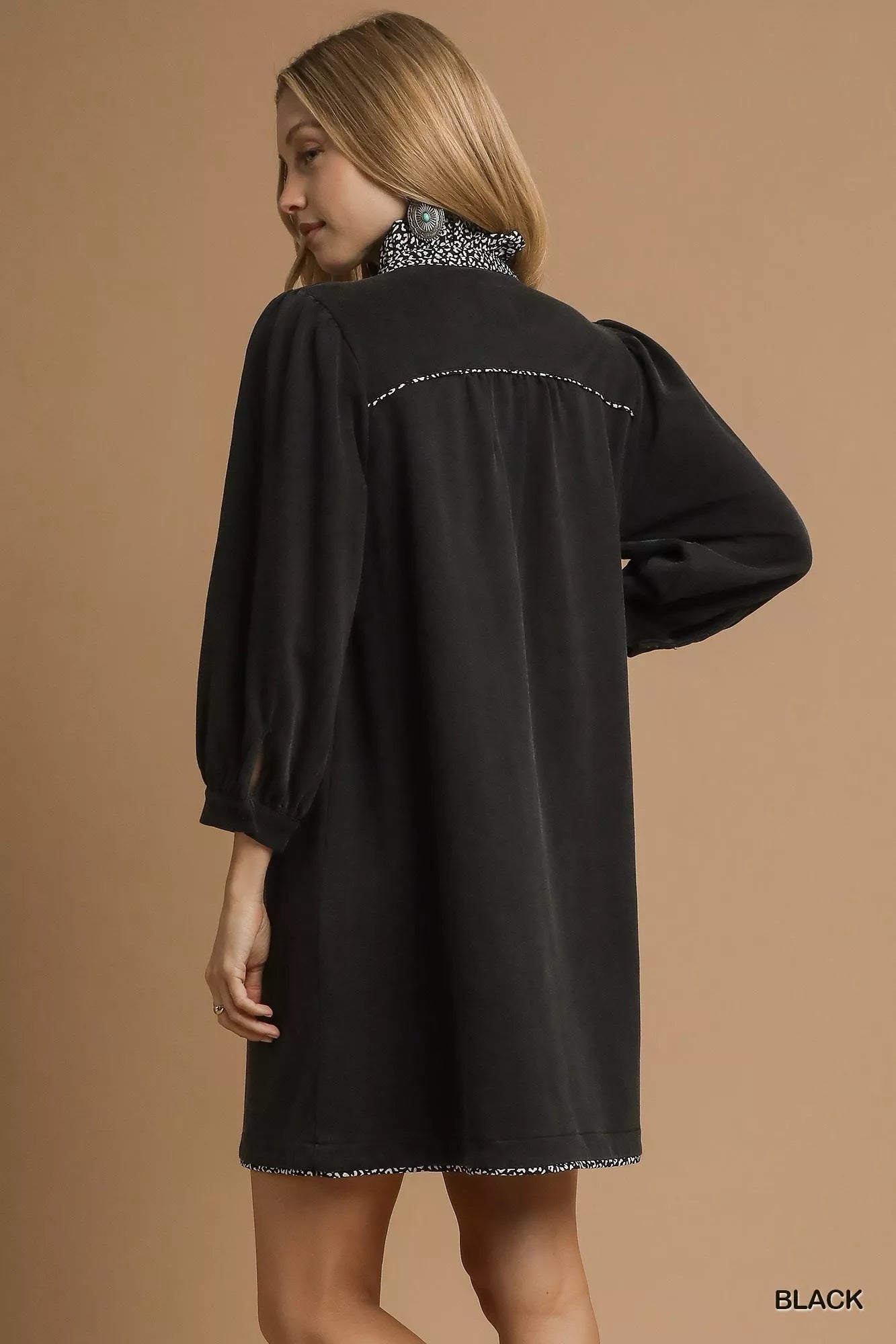 French Terry Balloon Sleeve Shift Dress with Leopard Print Detail
