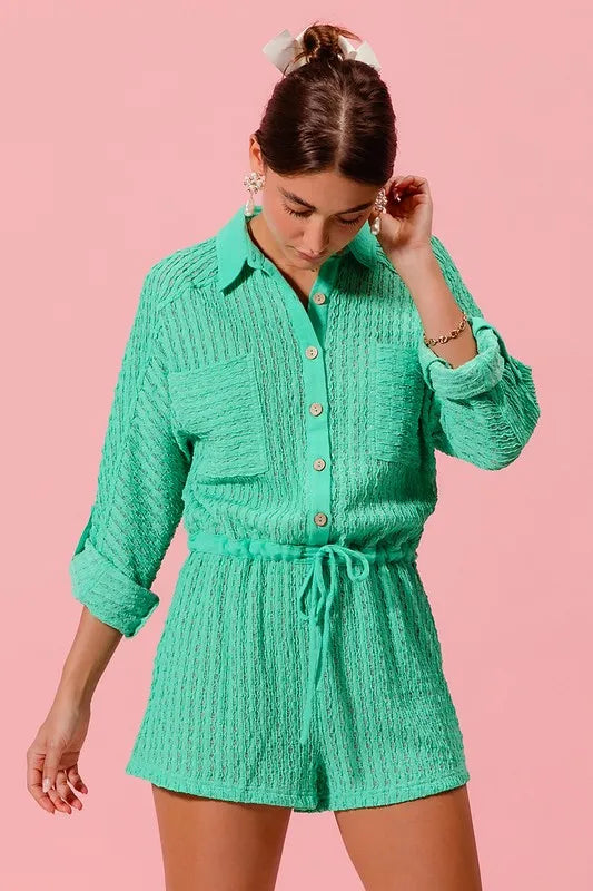 Textured Knit Button Front Romper