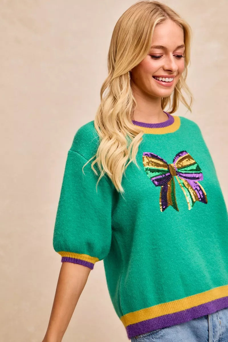 Mardi Gras Sequin Ribbon Patched Sweater