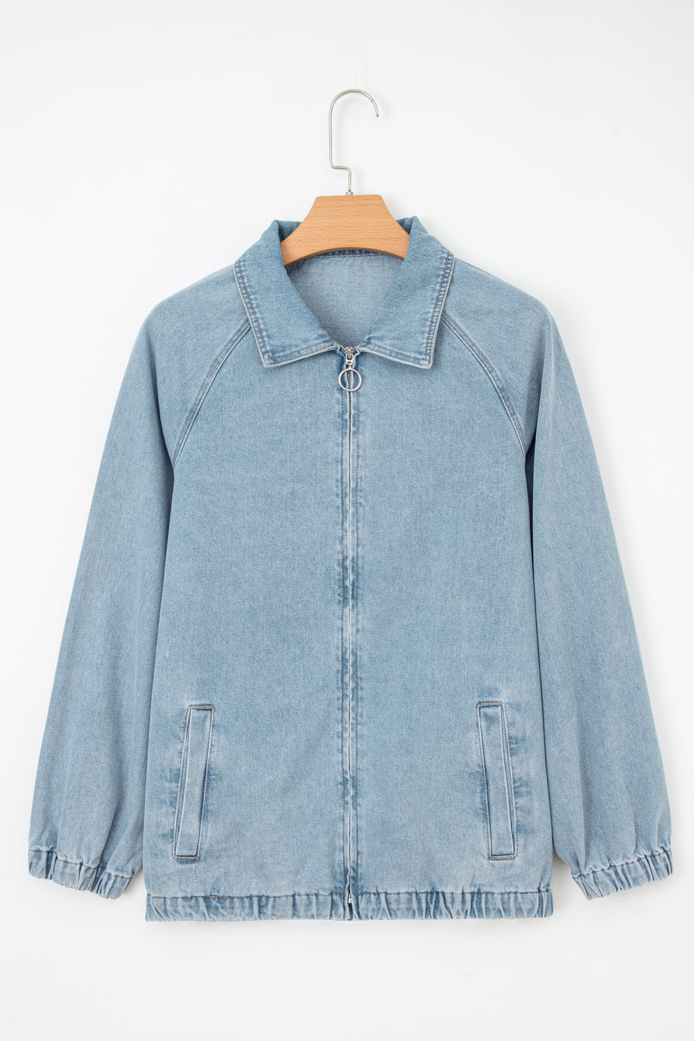 Myosotis Elastic Edge Collared Zip Up Denim Jacket With Pocket