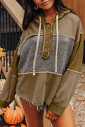 Jungle Green Mixed Texture Patchwork Exposed Seam Half Button Pullover Hooded Sweatshirt