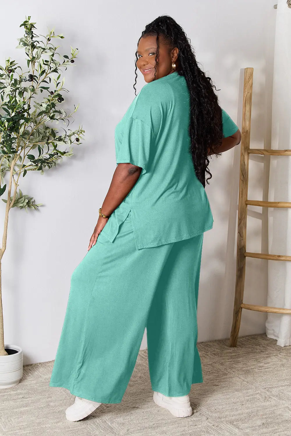 I am a Fashion Junky Full Size Round Neck Slit Top and Pants Set