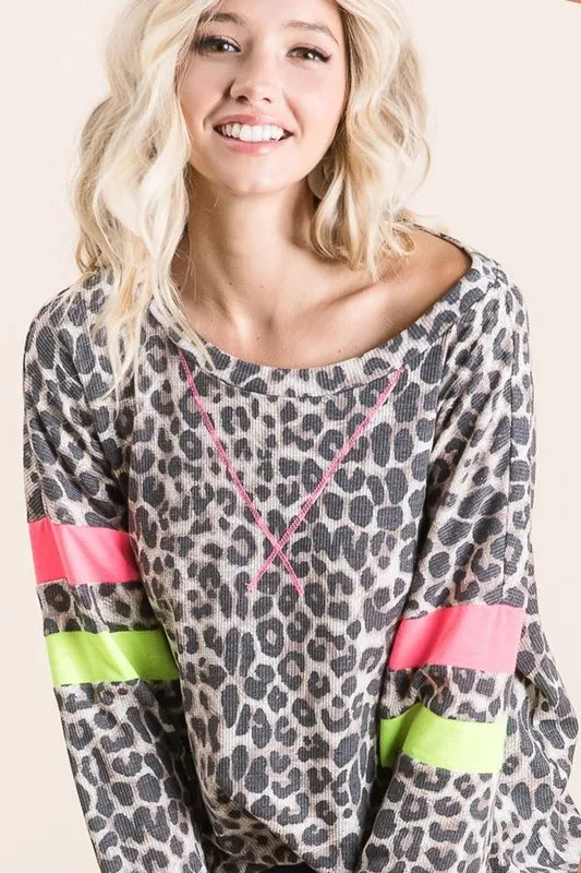 Leopard Thermal Top with Contrast Color Block